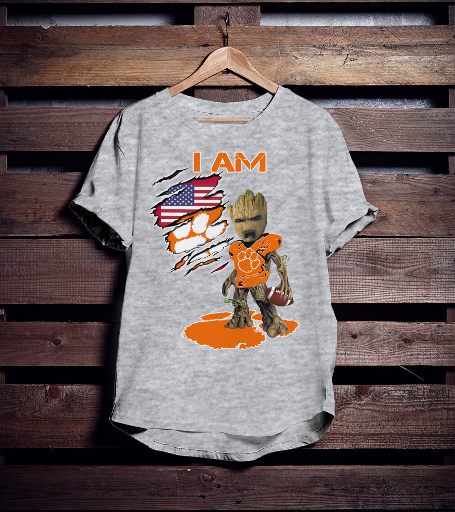 I AM Groot Clemson Football American Flag Background T-Shirt