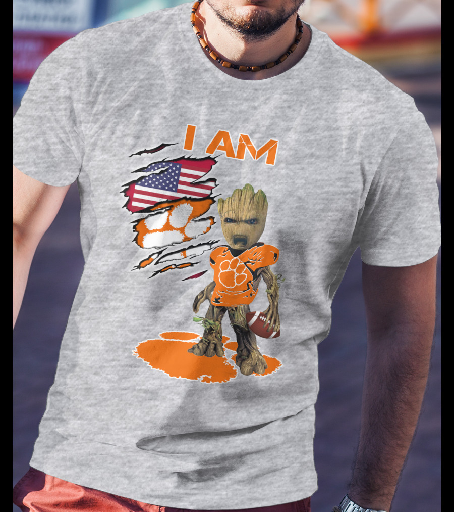 I AM Groot Clemson Football American Flag Background T-Shirt