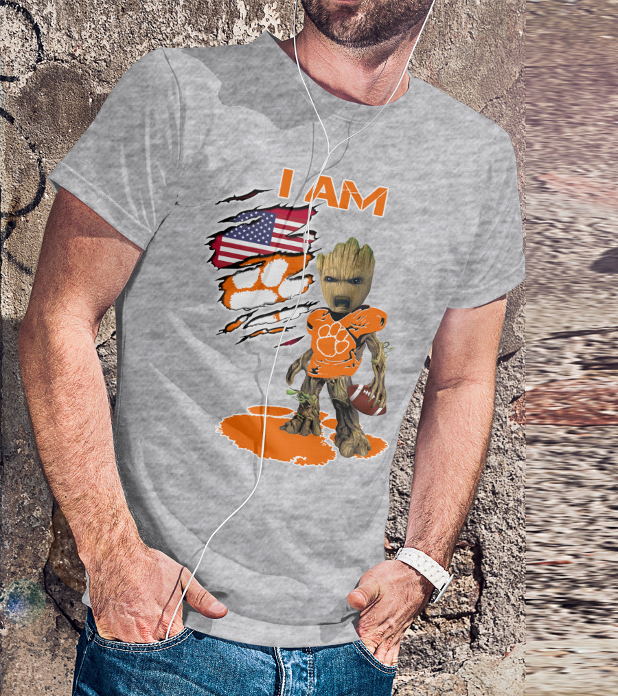 I AM Groot Clemson Football American Flag Background T-Shirt