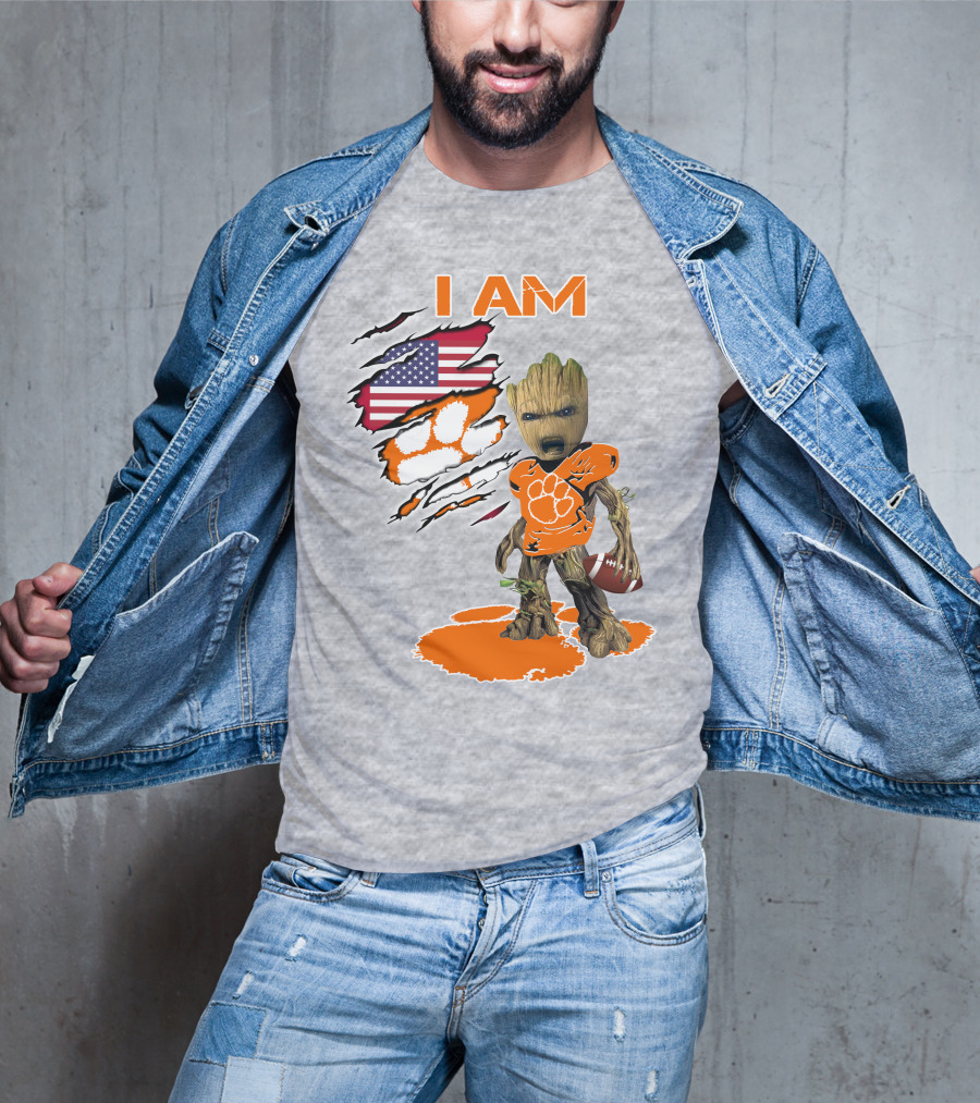 I AM Groot Clemson Football American Flag Background T-Shirt
