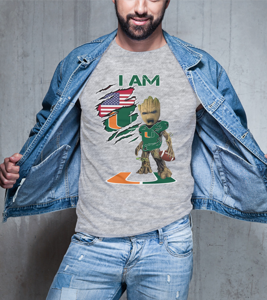 I Am University Of Miami Hurricanes Football Groot American Flag T-Shirt