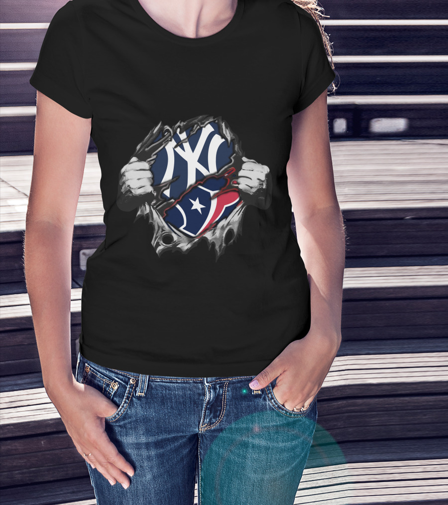 Texans Yankees Logo Fusion With Tearing Hands T-Shirt