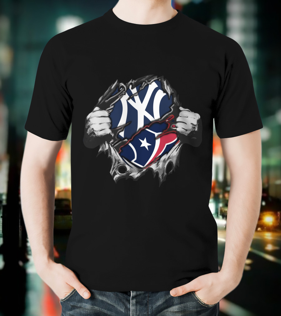 Texans Yankees Logo Fusion With Tearing Hands T-Shirt