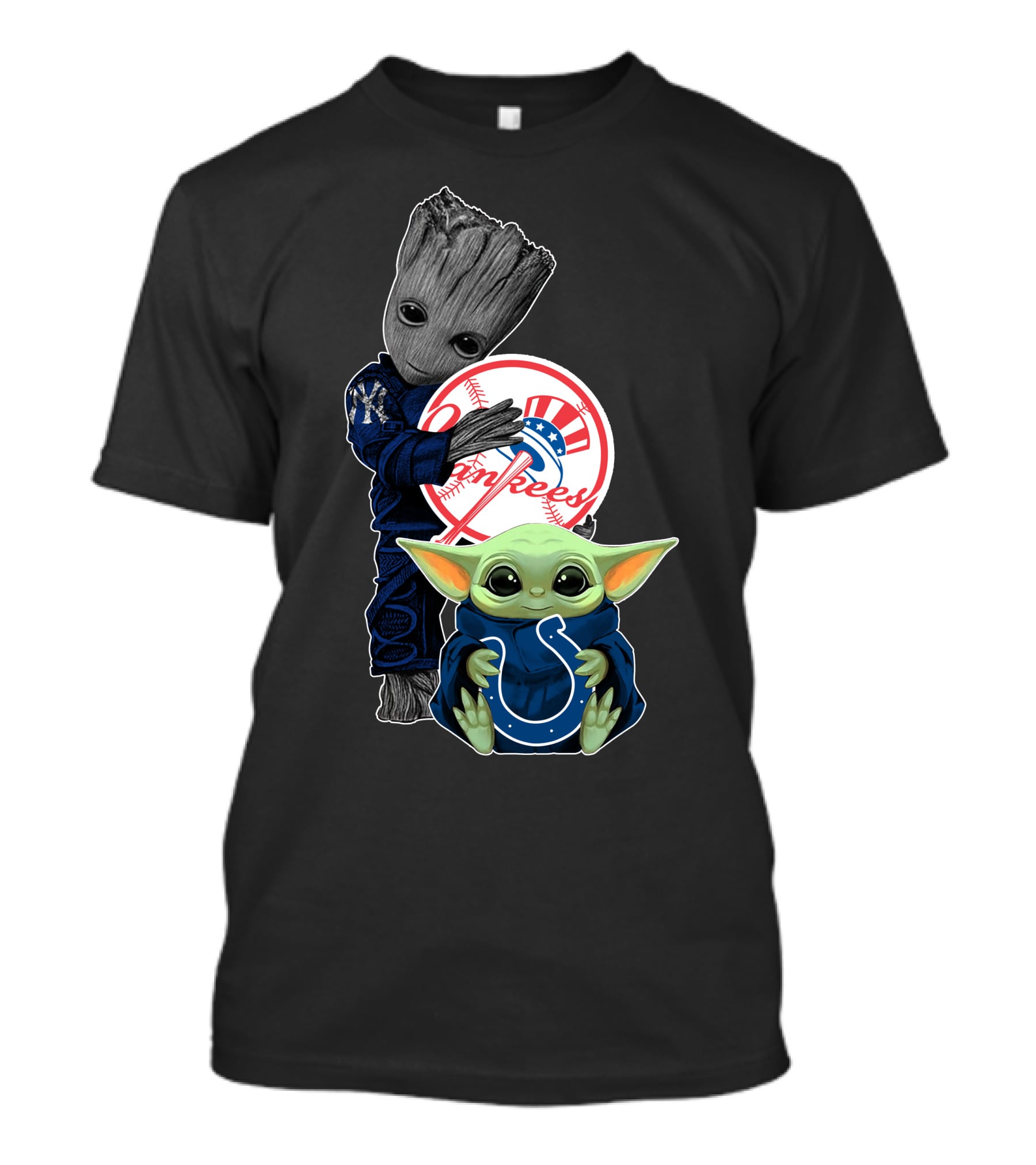 Yankees Groot Holding Baseball With Colts Baby Yoda T-Shirt