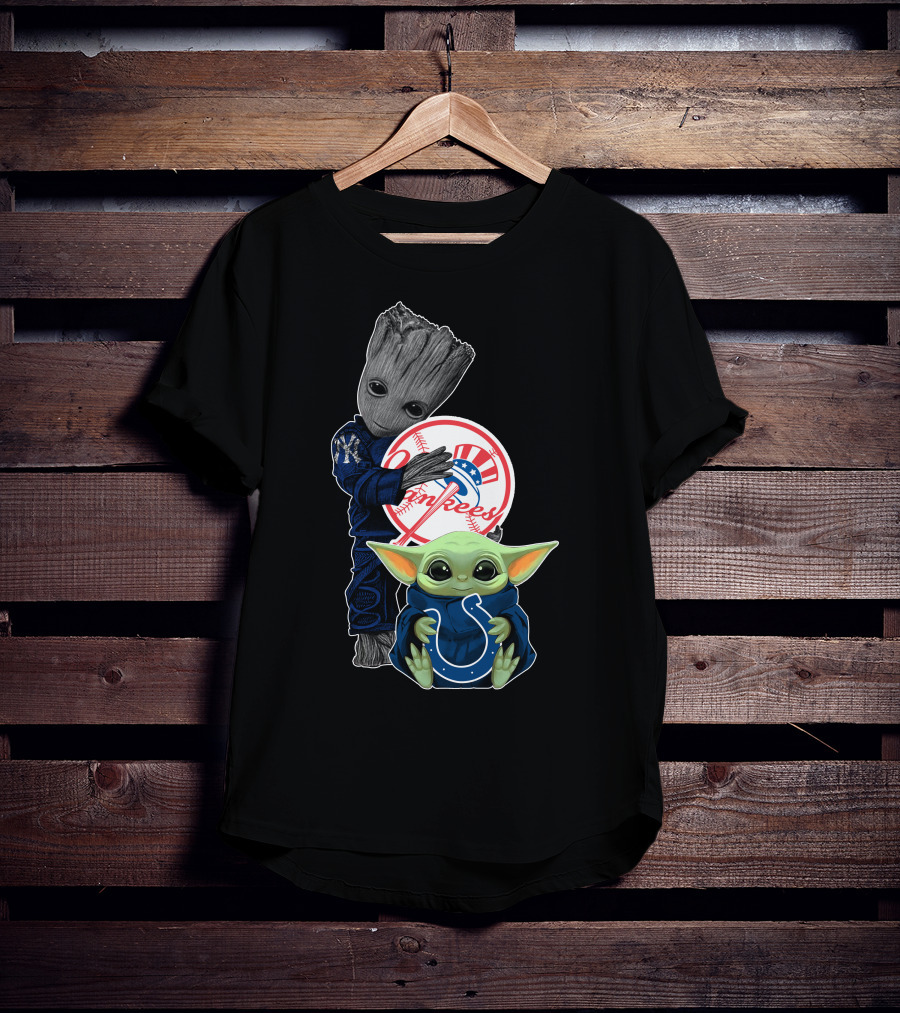 Yankees Groot Holding Baseball With Colts Baby Yoda T-Shirt