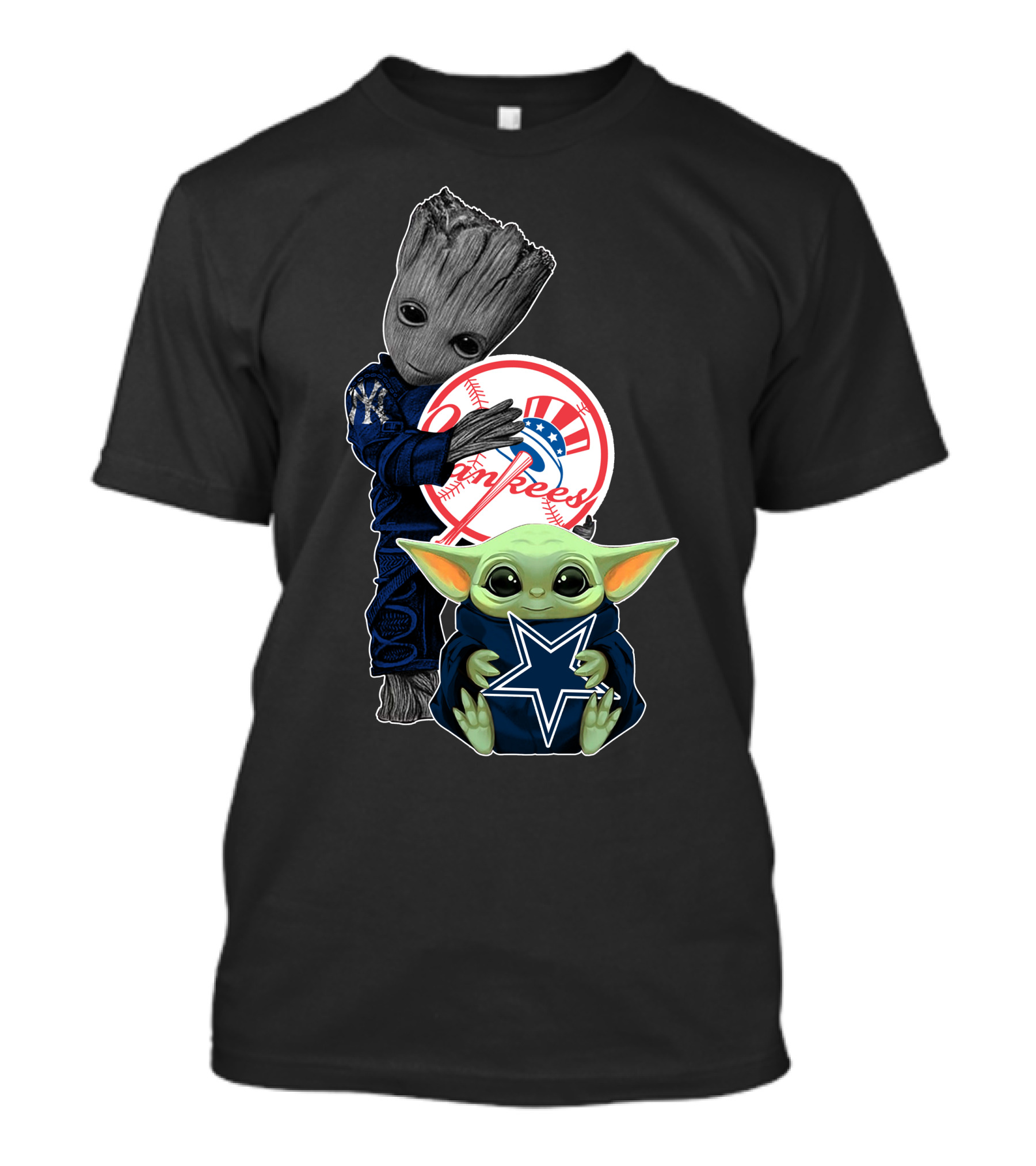 Yankees Cowboys Baby Groot And Baby Yoda Star Wars Crossover T-Shirt