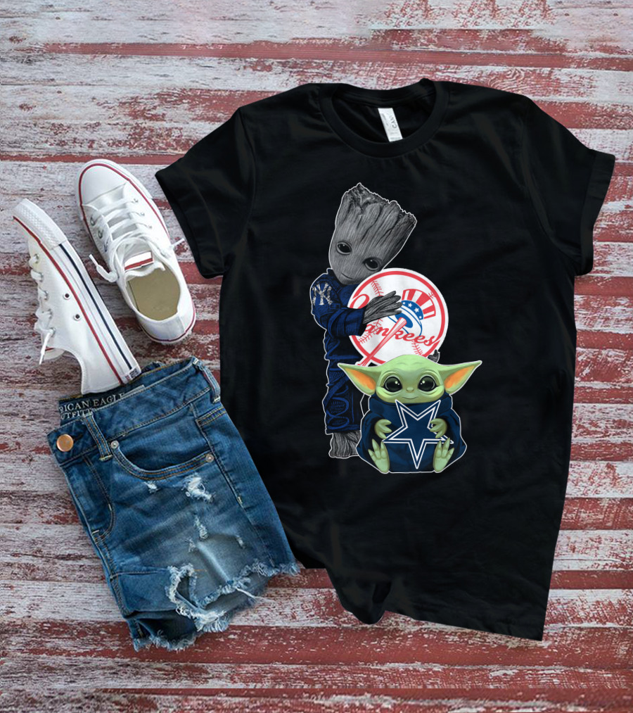 Yankees Cowboys Baby Groot And Baby Yoda Star Wars Crossover T-Shirt