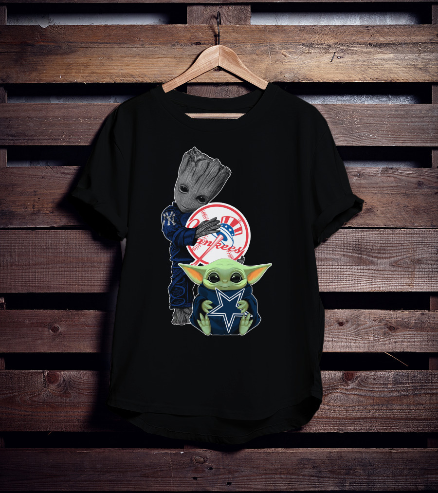 Yankees Cowboys Baby Groot And Baby Yoda Star Wars Crossover T-Shirt