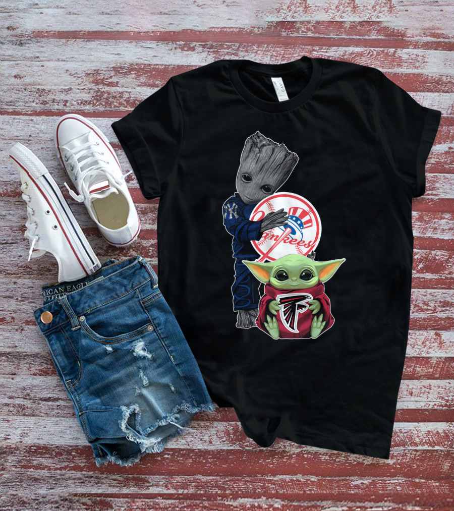 Yankees Falcons Baby Groot And Mandalorian Character T-Shirt