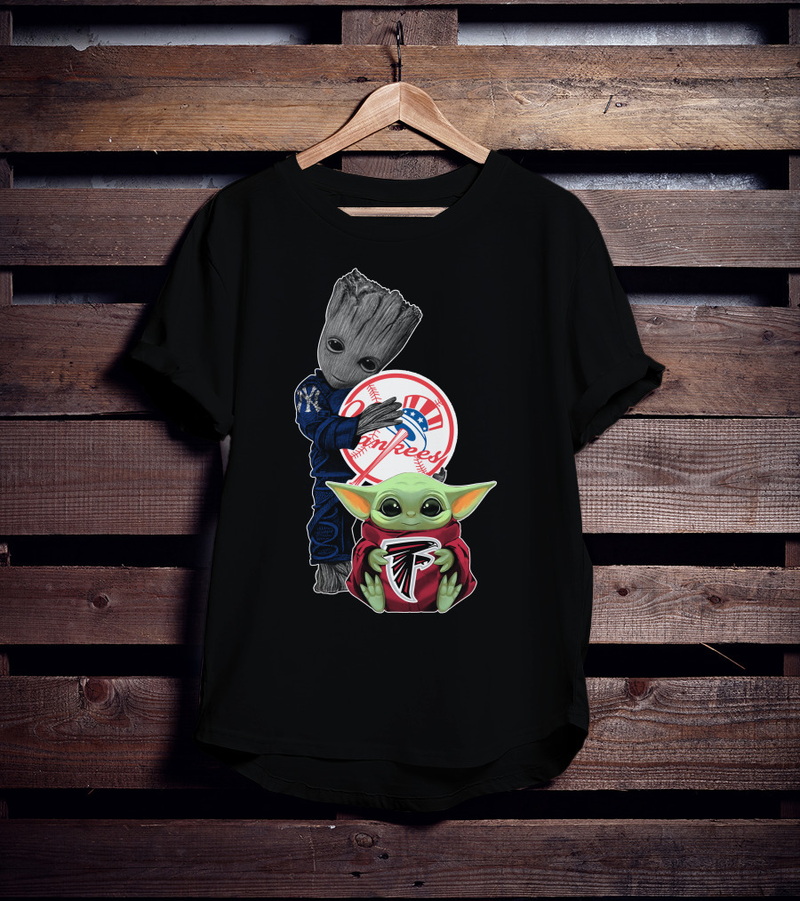 Yankees Falcons Baby Groot And Mandalorian Character T-Shirt