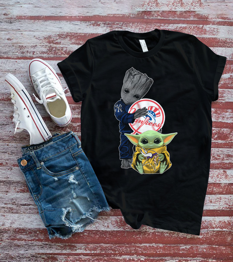 Yankees Baby Groot And Yoda Star Wars Minnesota Vikings T-Shirt