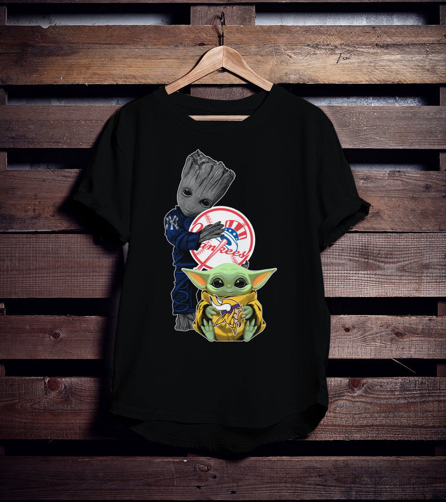 Yankees Baby Groot And Yoda Star Wars Minnesota Vikings T-Shirt