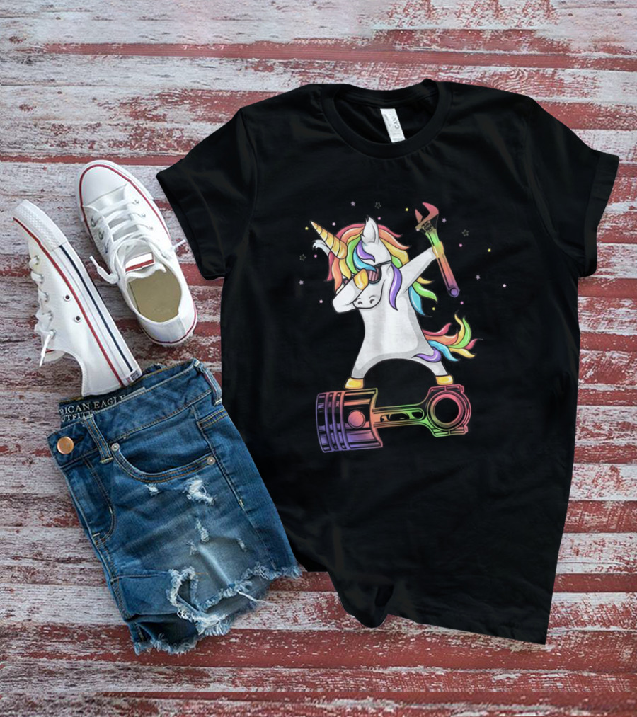 Mechanic Dabbing Unicorn Rainbow Wrench Piston T-Shirt