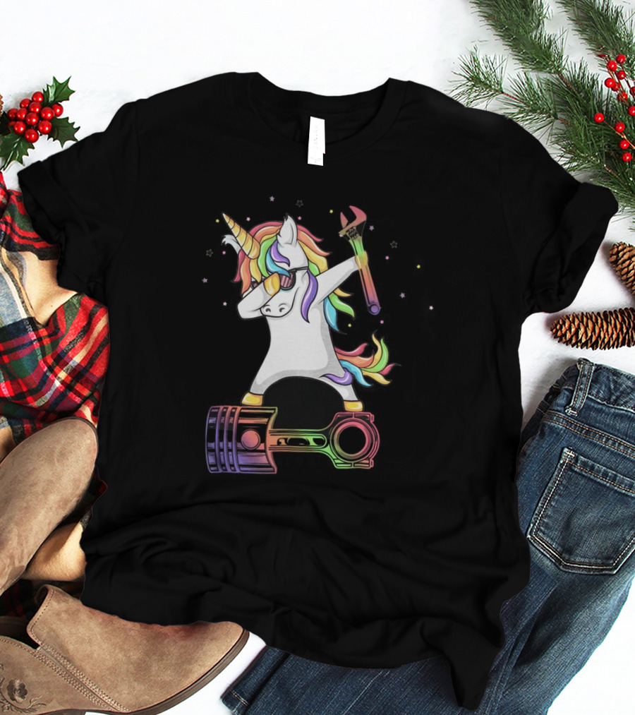 Mechanic Dabbing Unicorn Rainbow Wrench Piston T-Shirt
