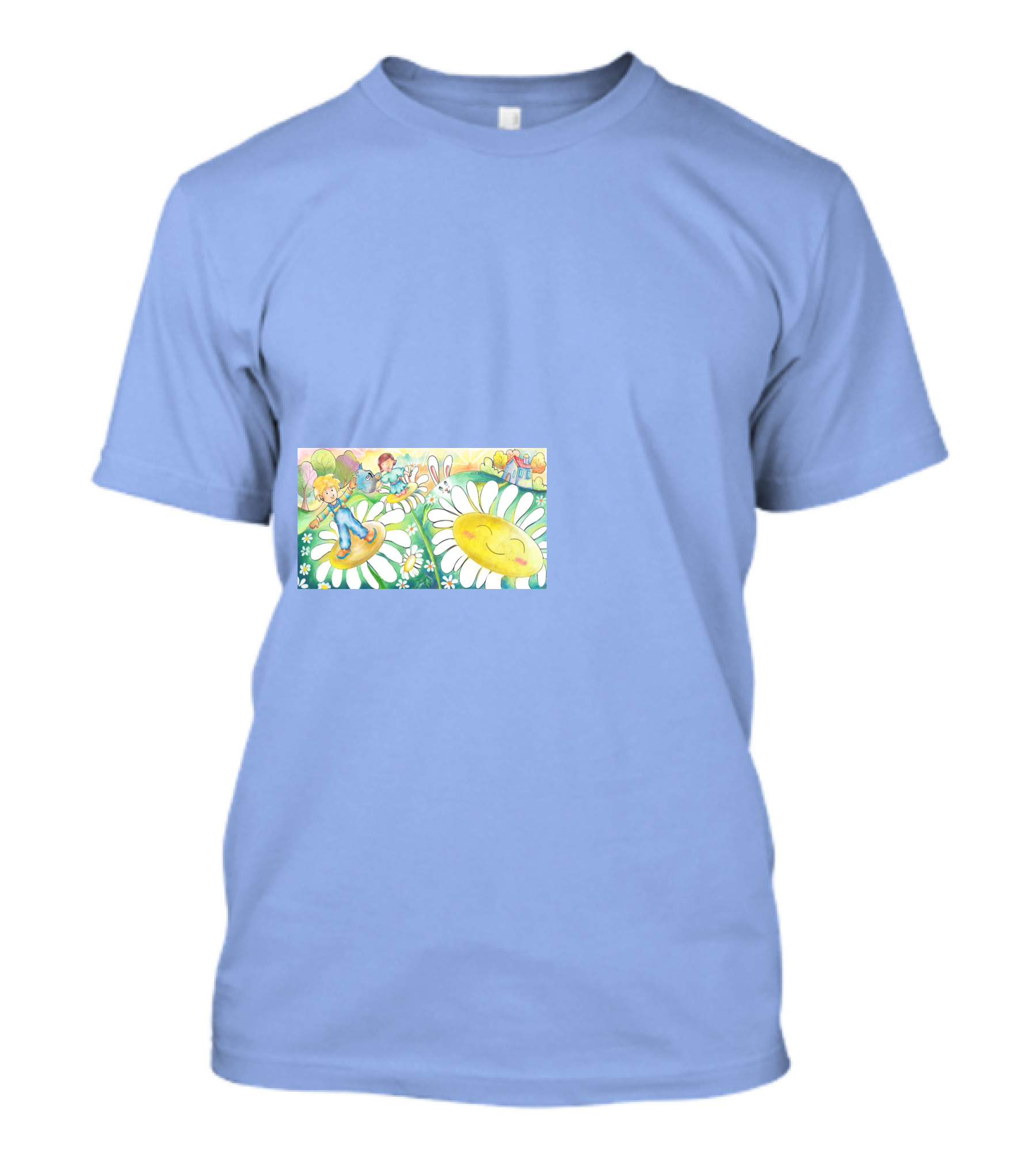 Lodo Happy Sunflower Meadows With Kids And Bunny In A Vibrant Landscape T-Shirt