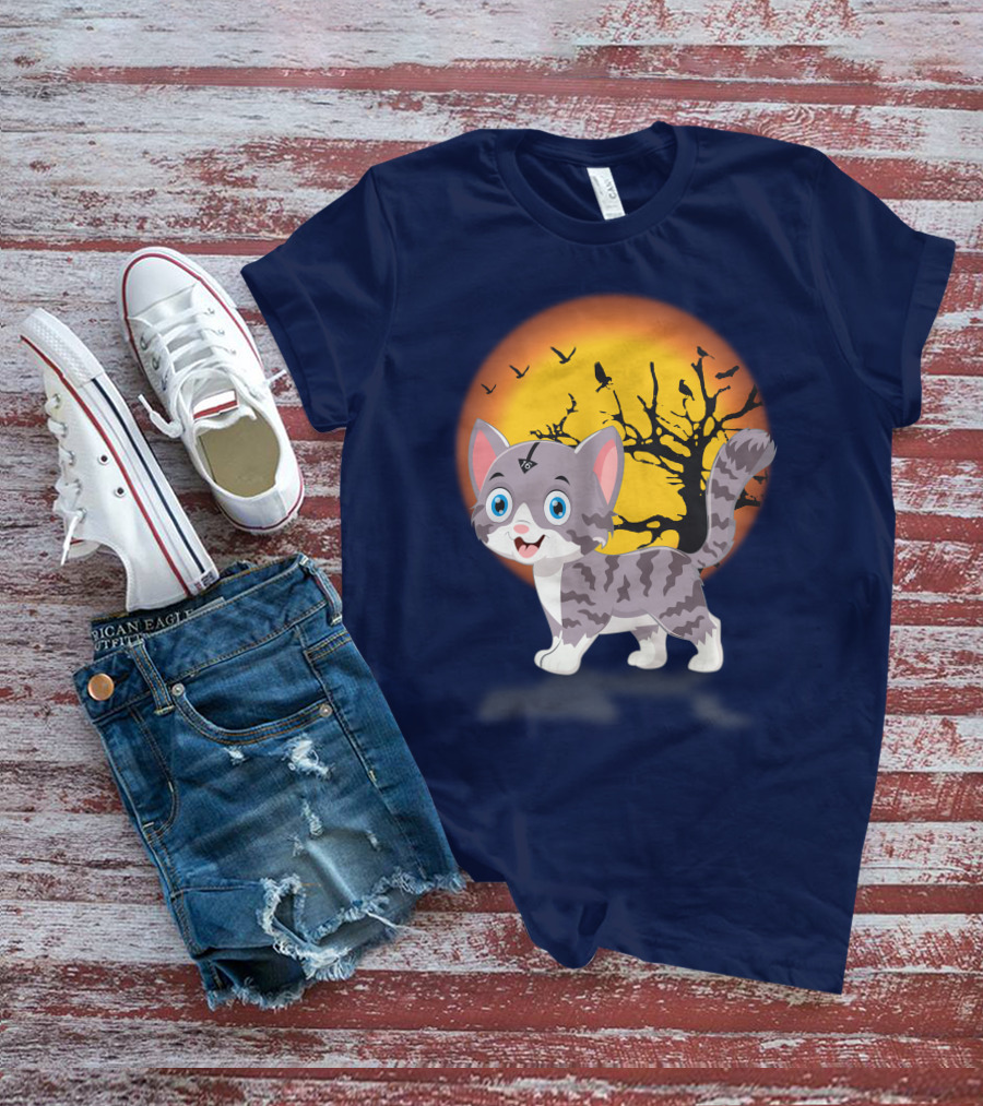 Cute Kittens Halloween Night Moonlit Landscape T-Shirt
