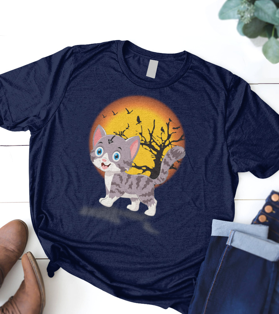 Cute Kittens Halloween Night Moonlit Landscape T-Shirt