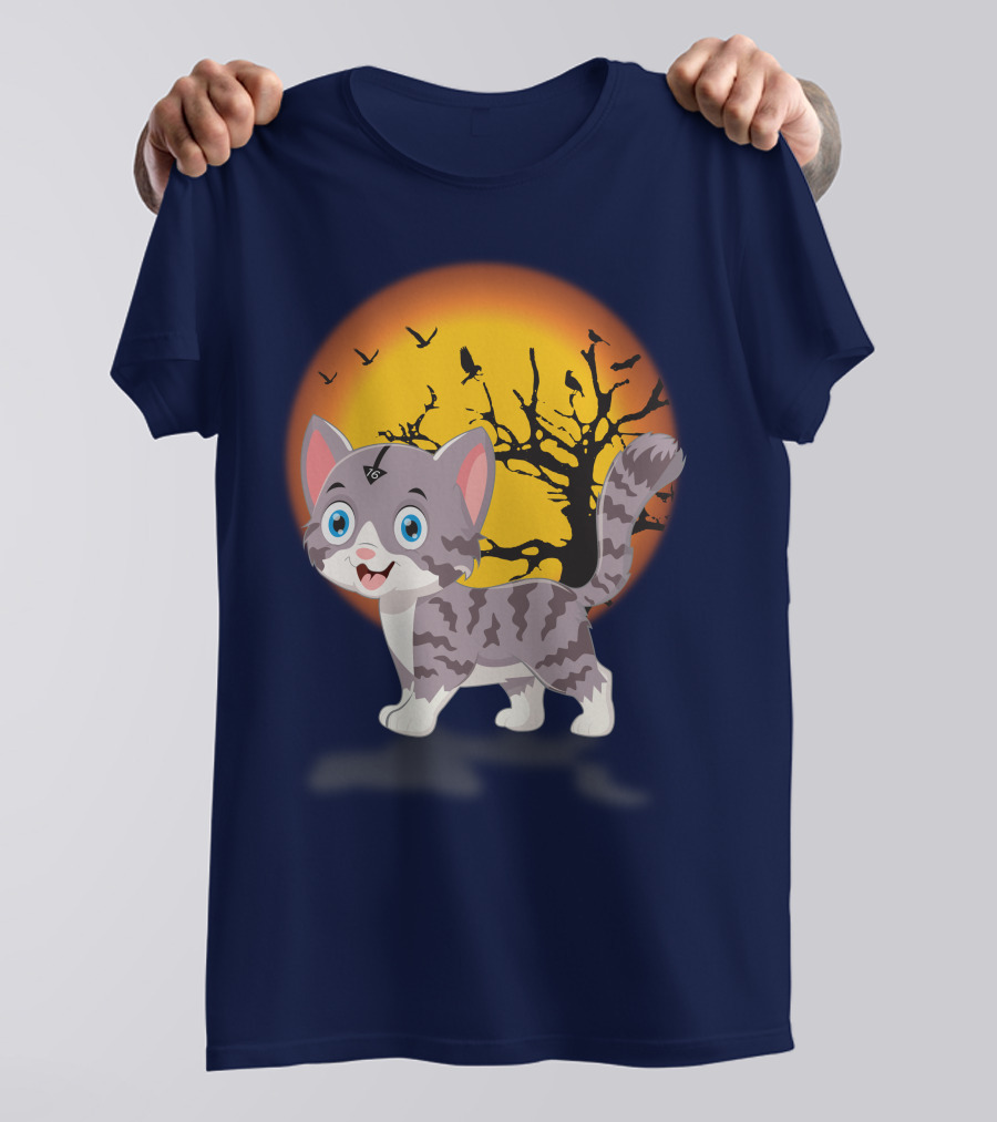 Cute Kittens Halloween Night Moonlit Landscape T-Shirt