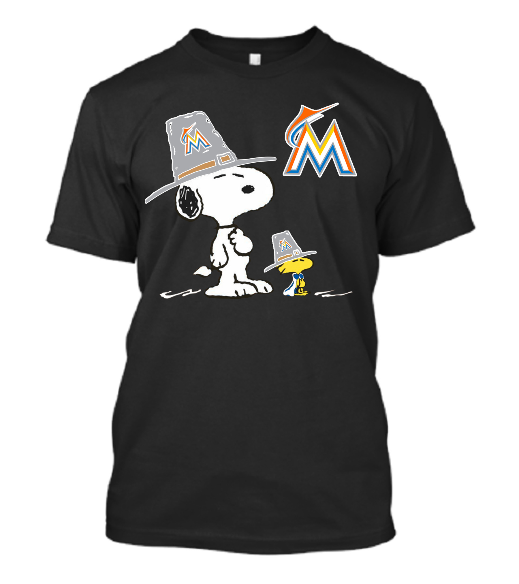 Miami Marlins Snoopy Woodstock Pilgrim Hats T-Shirt