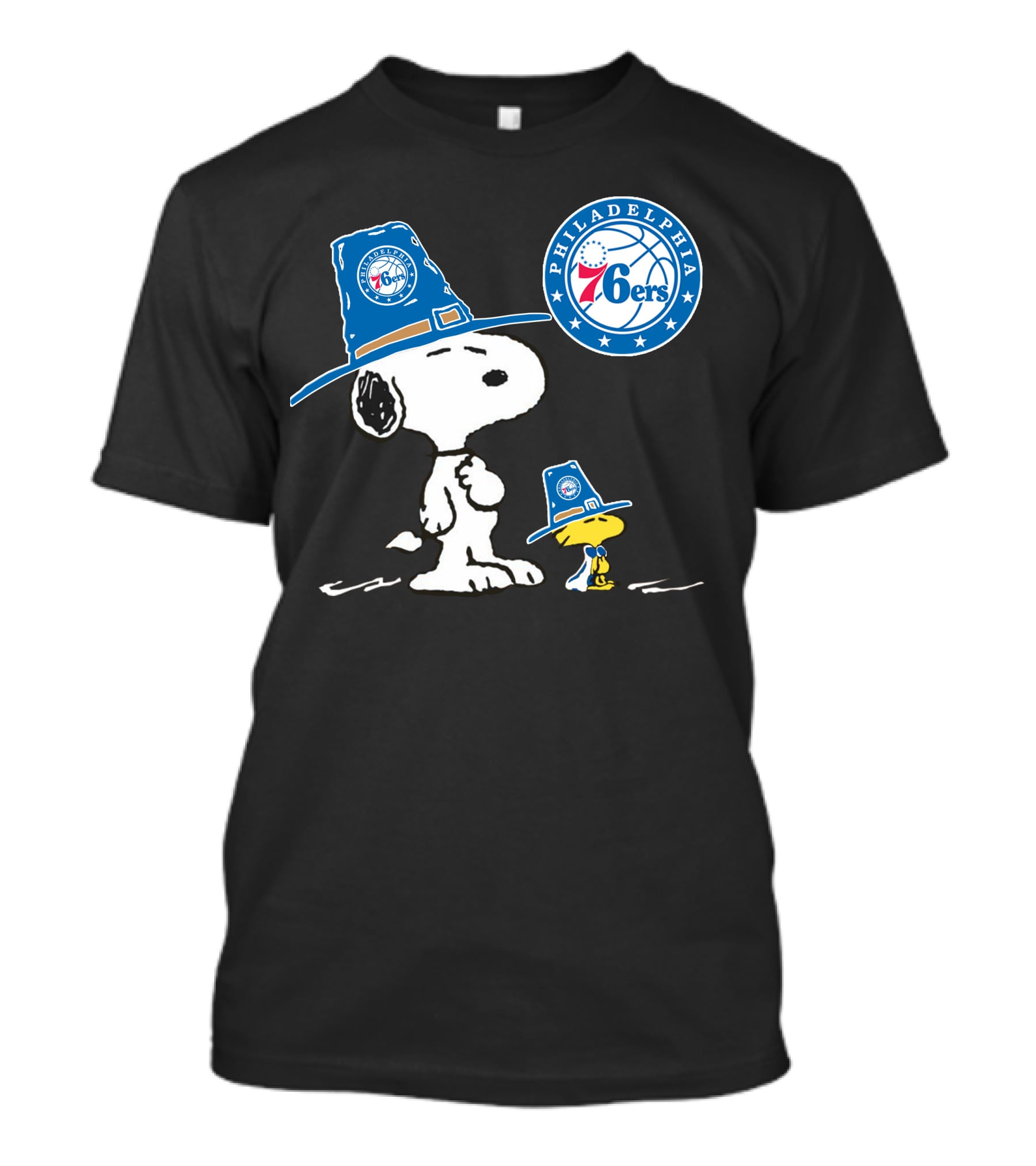 Philadelphia 76ers Snoopy Woodstock Pilgrim Hat Basketball T-Shirt