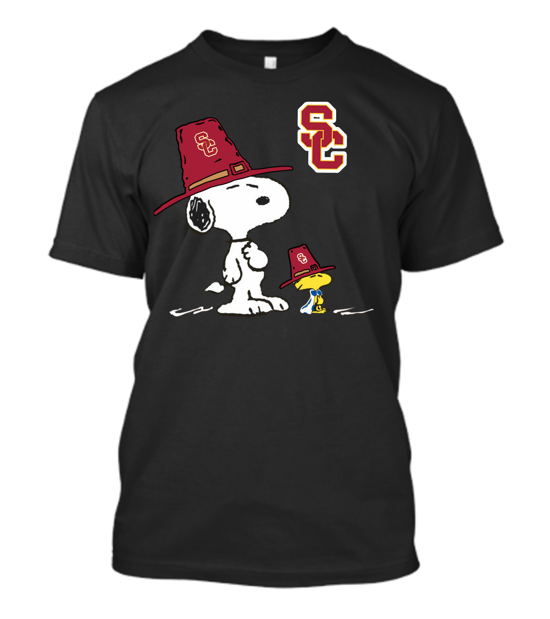 USC Trojans Snoopy And Woodstock Peanuts Comic Strip Characters With SC T-Shirt