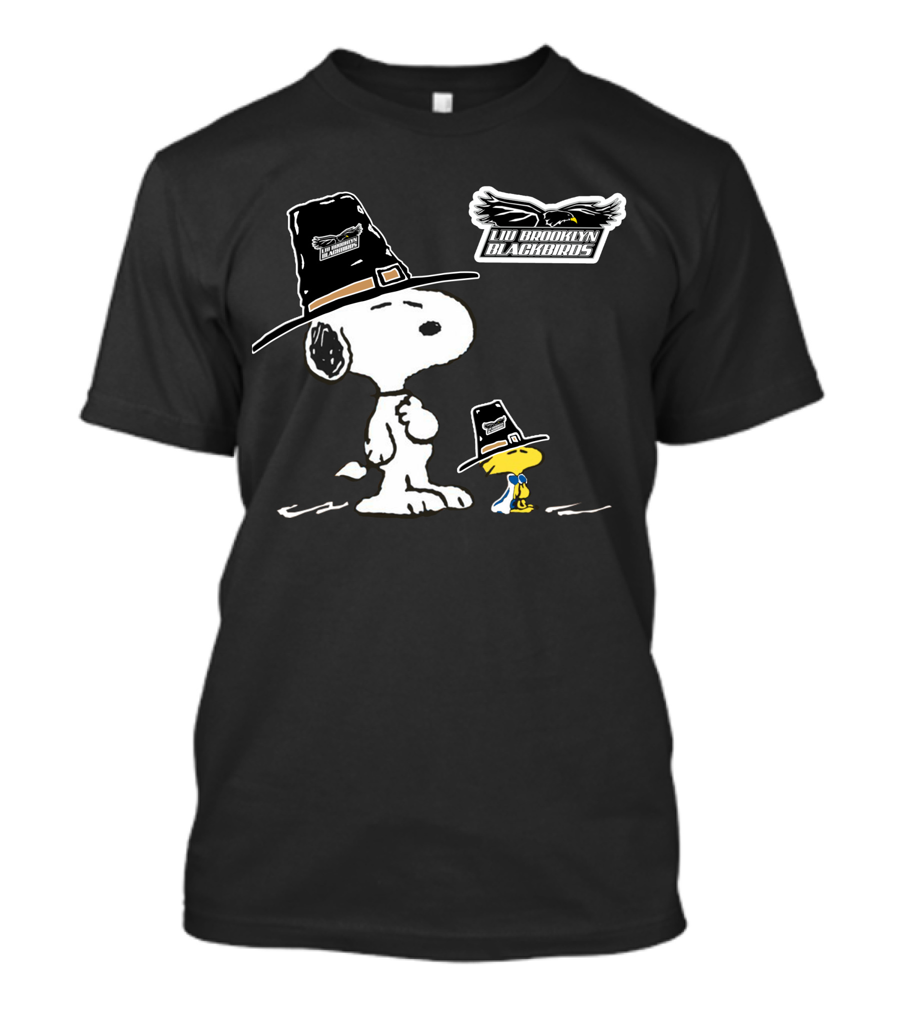 LIU Brooklyn Blackbirds Snoopy And Woodstock Pilgrim Hats T-Shirt