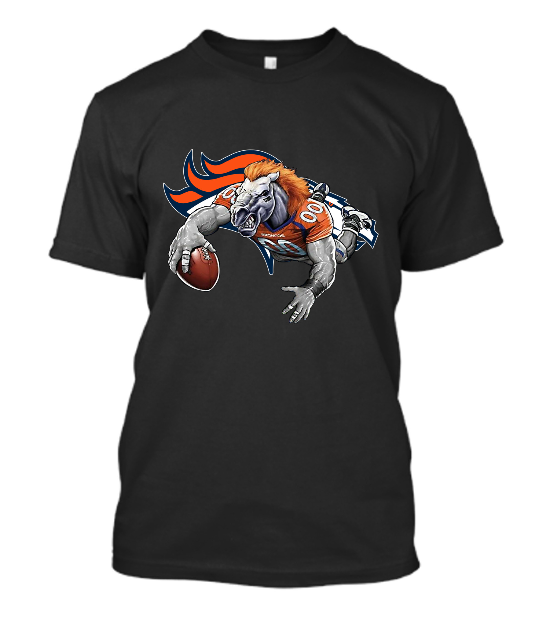 Denver Broncos Mascot Football Action With Orange And Blue T-Shirt