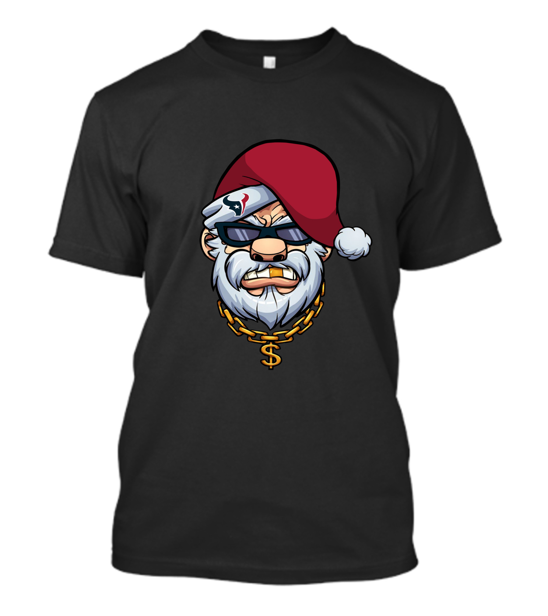 Texans Gangster Santa Wearing Sunglasses And Santa Hat With Dollar Sign Chain T-Shirt