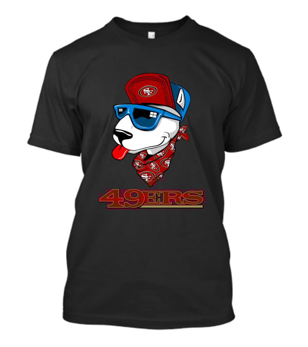 49ers Bull Terrier San Francisco Style Dog Wearing Logo Hat And Sunglasses T-Shirt