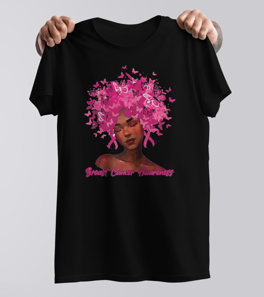 Black Queen Breast Cancer Awareness Month Butterflies Pink T-Shirt