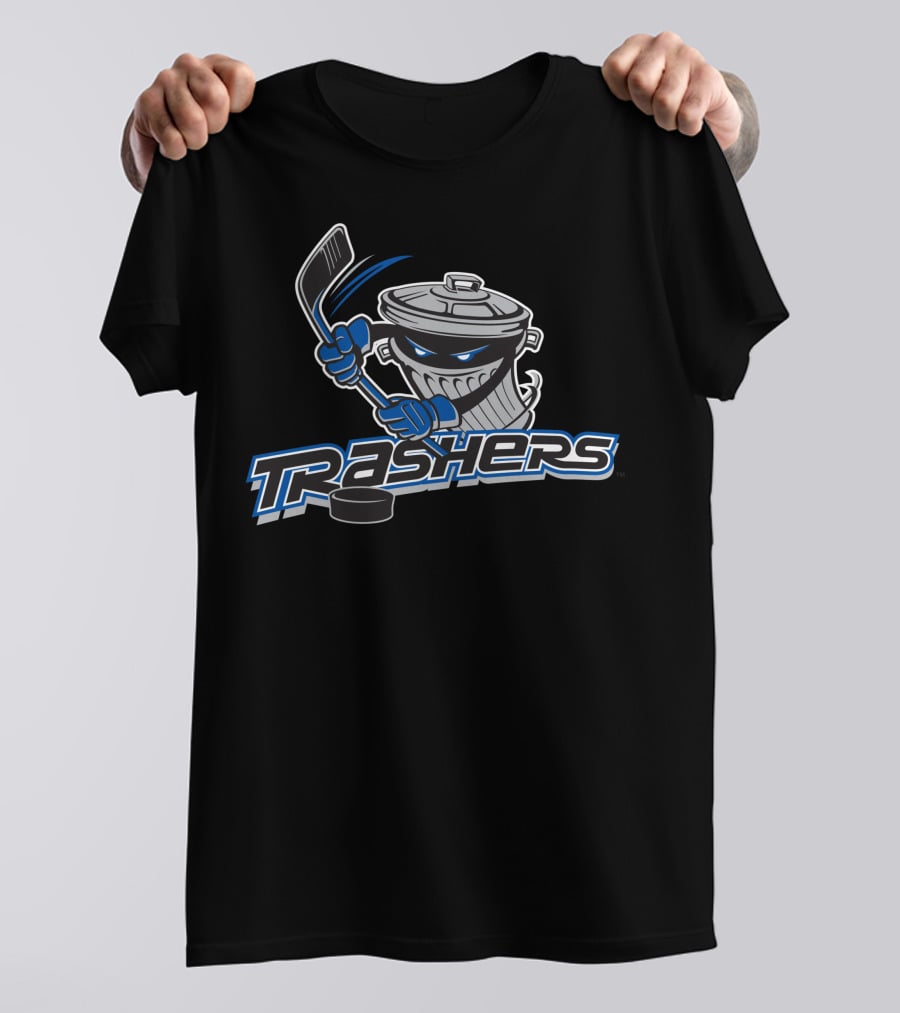 Danbury Trashers Hockey Trash Can Mascot With Stick T-Shirt