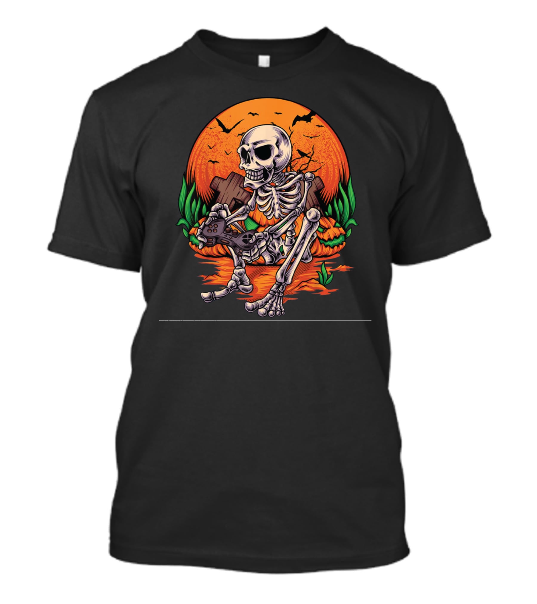 Skeleton Gamer Halloween Pumpkin Bat Gaming Controller Scene T-Shirt