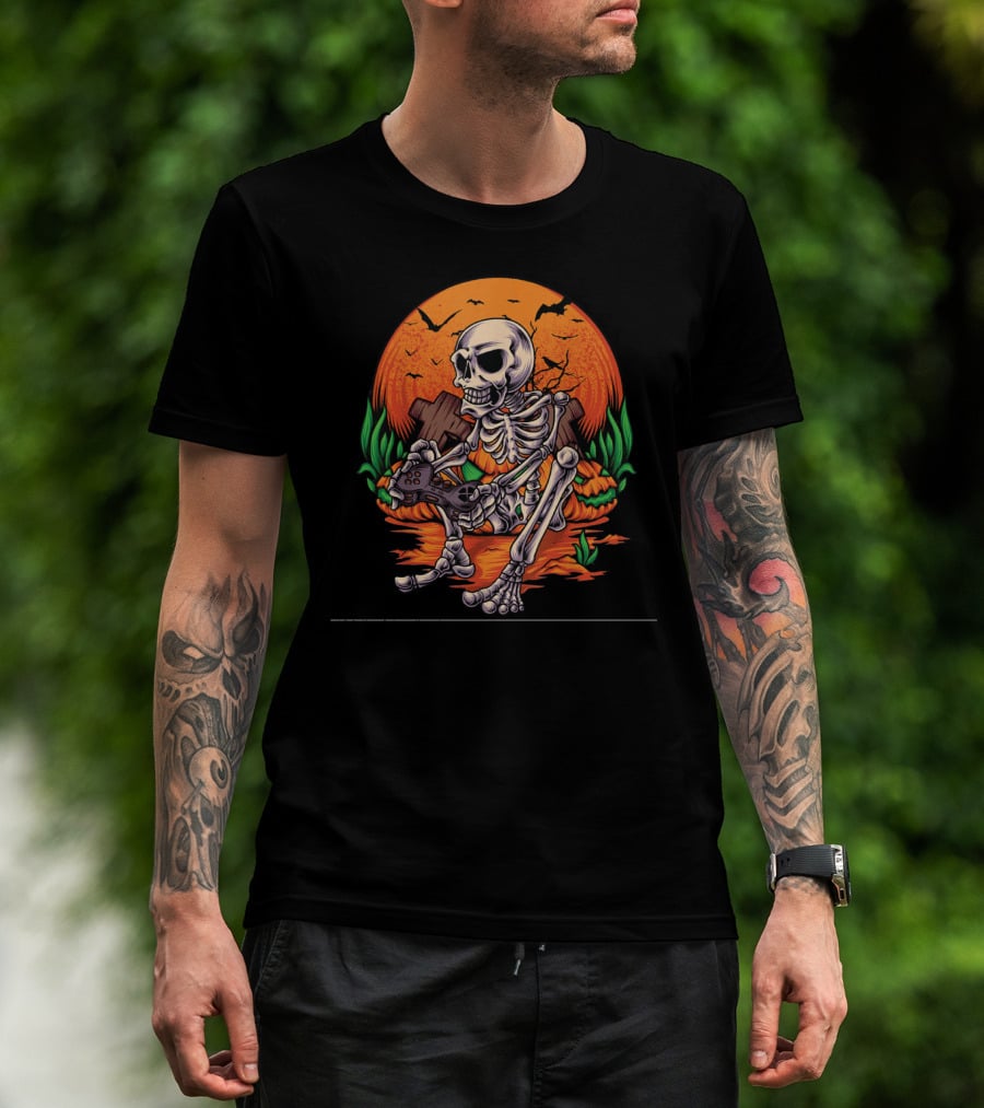 Skeleton Gamer Halloween Pumpkin Bat Gaming Controller Scene T-Shirt