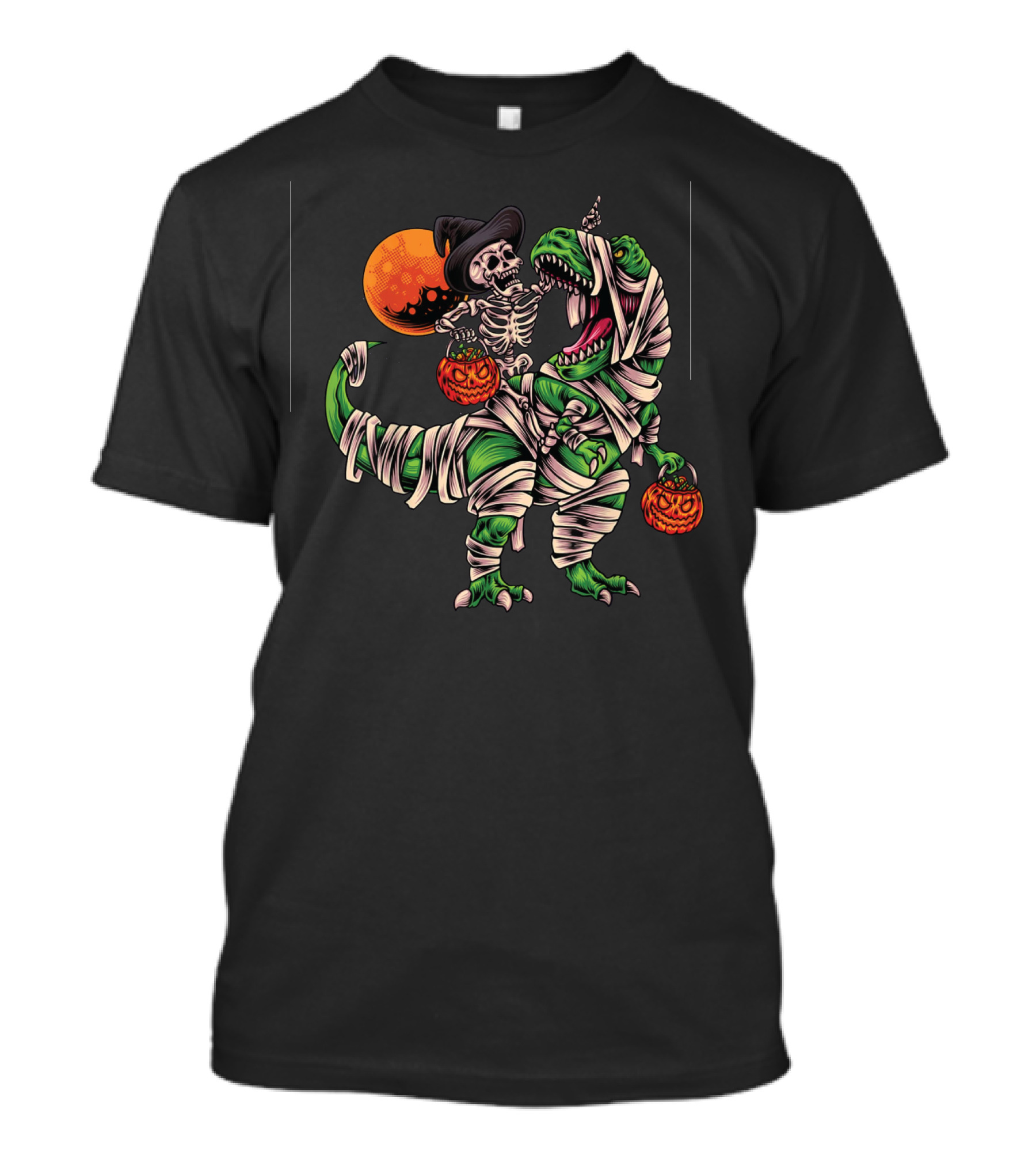 Skeleton Witch Riding Mummified Dinosaur With Pumpkin Lanterns And Full Moon T-Shirt