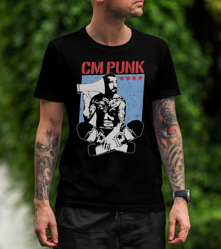 CM Punk AEW All Elite Wrestling Megaphone Graphic With Red Stars T-Shirt