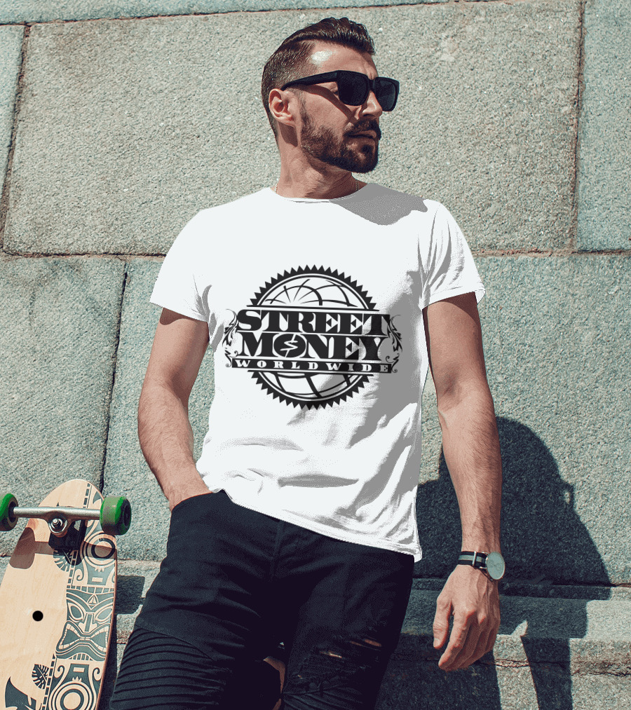 STREET MONEY WORLDWIDE Globe Emblem With Stylized Dollar T-Shirt