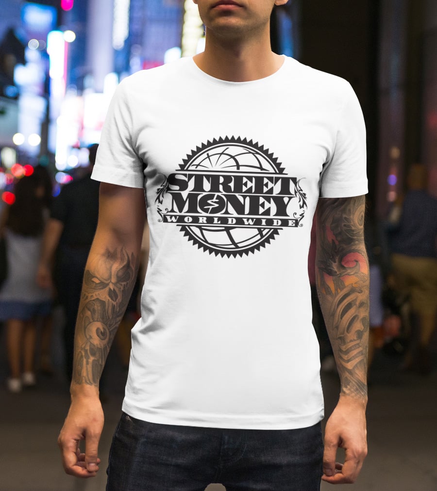 STREET MONEY WORLDWIDE Globe Emblem With Stylized Dollar T-Shirt