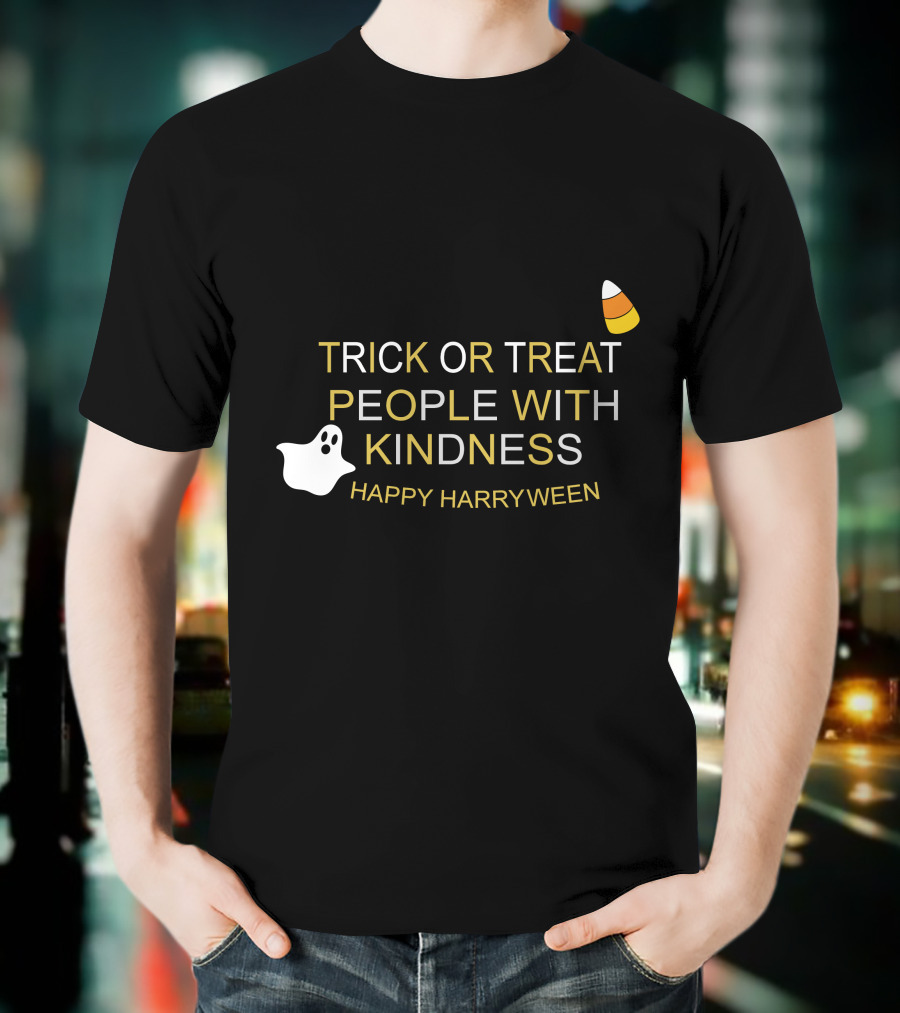 TRICK OR TREAT PEOPLE WITH KINDNESS HAPPY HARRYWEEN Ghost Candy Corn T-Shirt