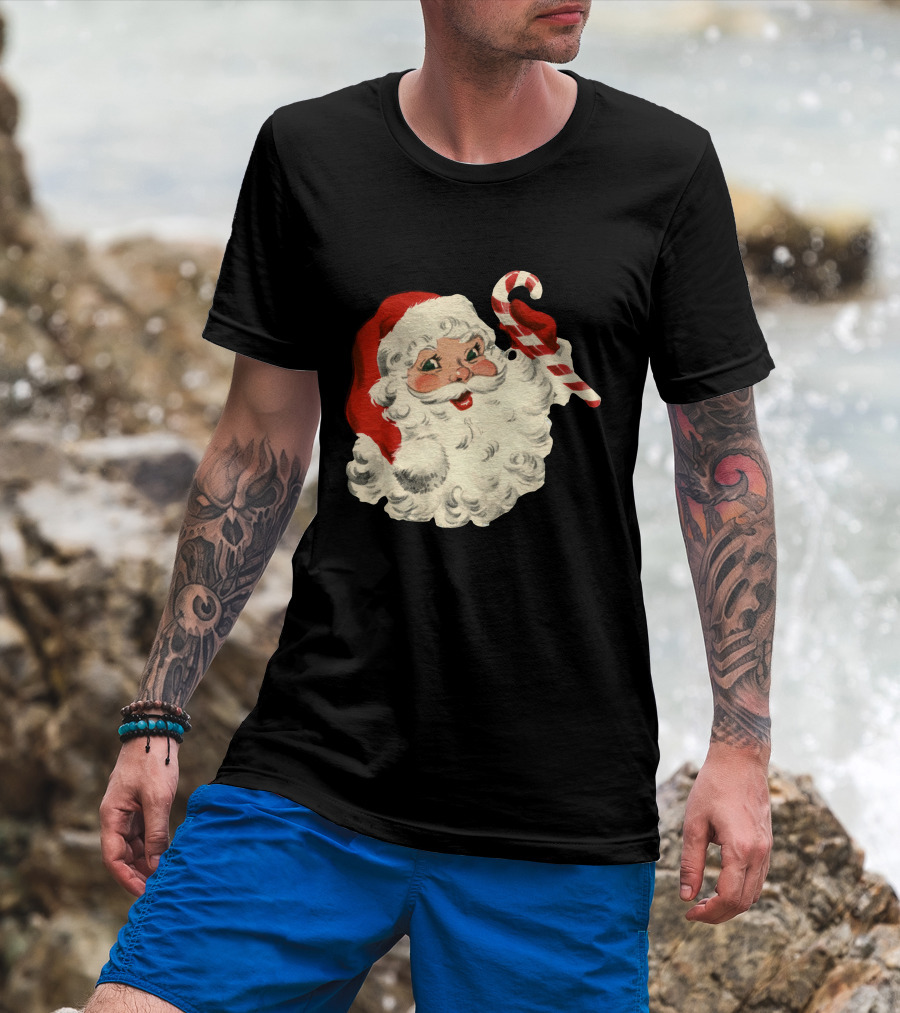 Retro Santa Claus Candy Cane Vintage Christmas T-Shirt