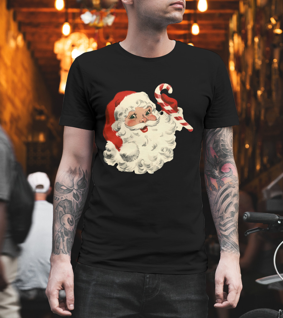 Retro Santa Claus Candy Cane Vintage Christmas T-Shirt