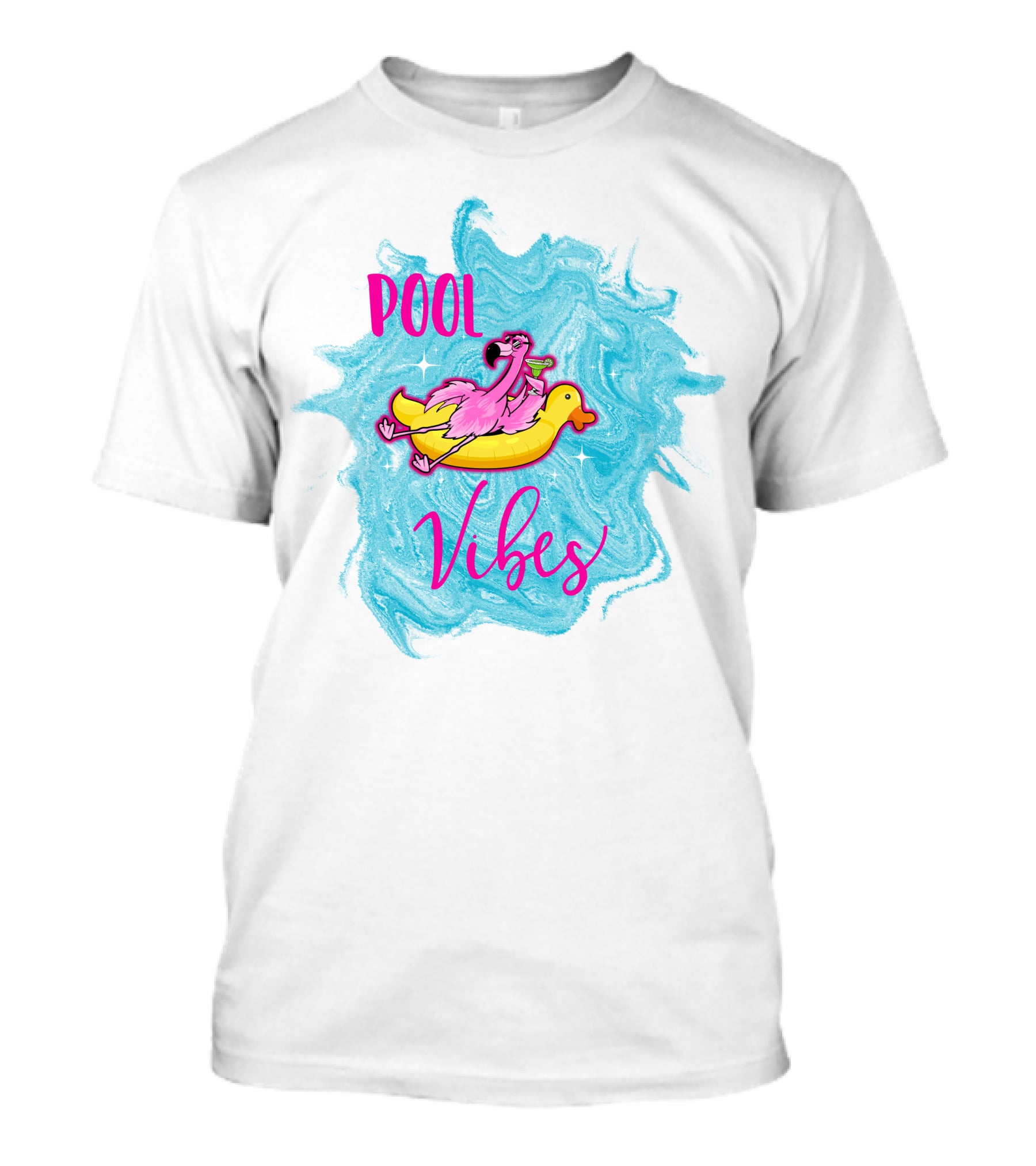 Pool Vibes Flamingo On Inflatable Duck With Blue Swirl Background T-Shirt
