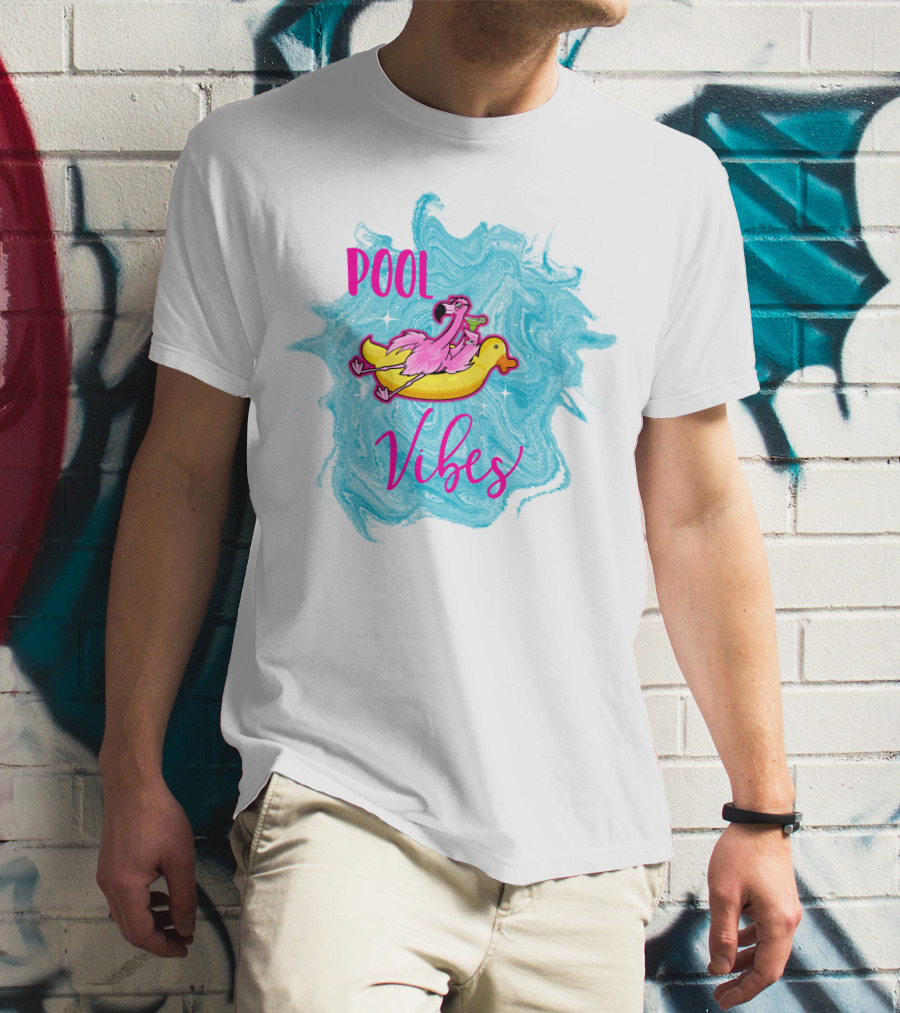 Pool Vibes Flamingo On Inflatable Duck With Blue Swirl Background T-Shirt