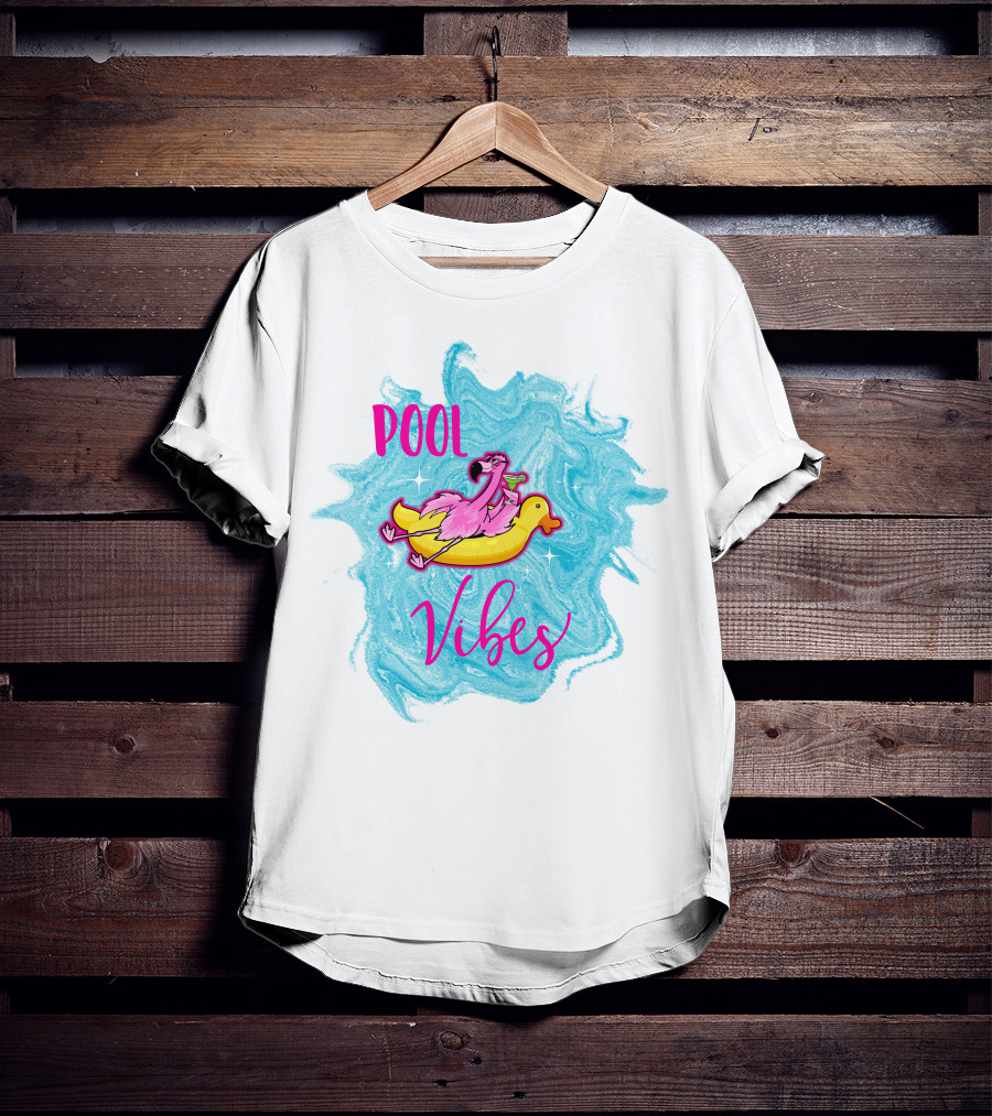 Pool Vibes Flamingo On Inflatable Duck With Blue Swirl Background T-Shirt