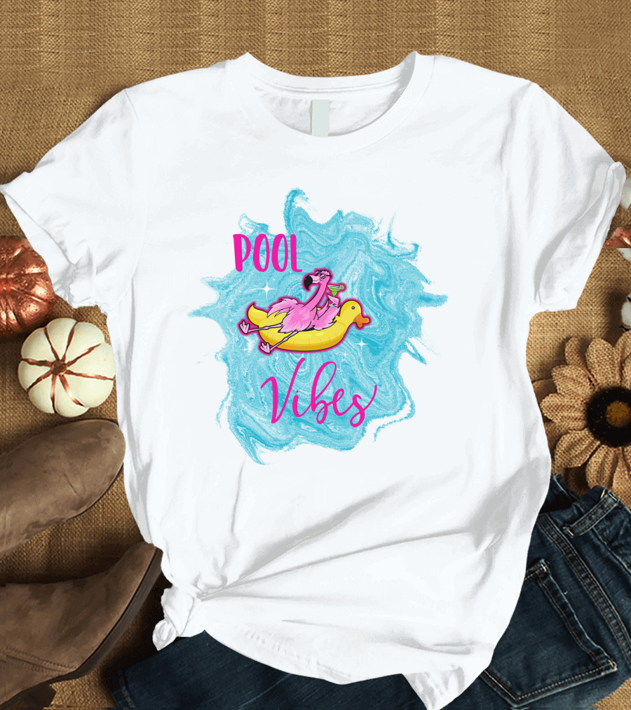 Pool Vibes Flamingo On Inflatable Duck With Blue Swirl Background T-Shirt