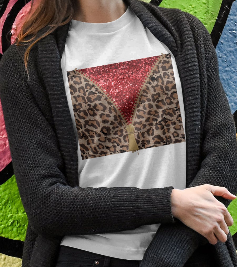 Red Faux Glitter Leopard Zipper Tumbler T-Shirt