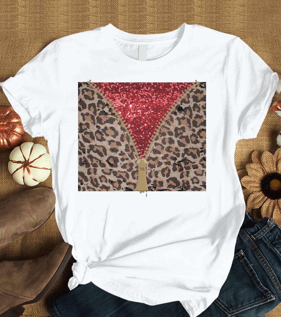 Red Faux Glitter Leopard Zipper Tumbler T-Shirt