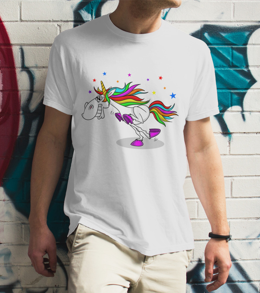 Awesome Unicorn Twinkles Rainbow Kicking Fun Stars Vibrant Mane T-Shirt