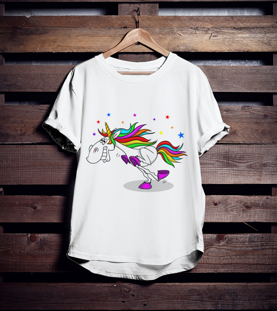 Awesome Unicorn Twinkles Rainbow Kicking Fun Stars Vibrant Mane T-Shirt