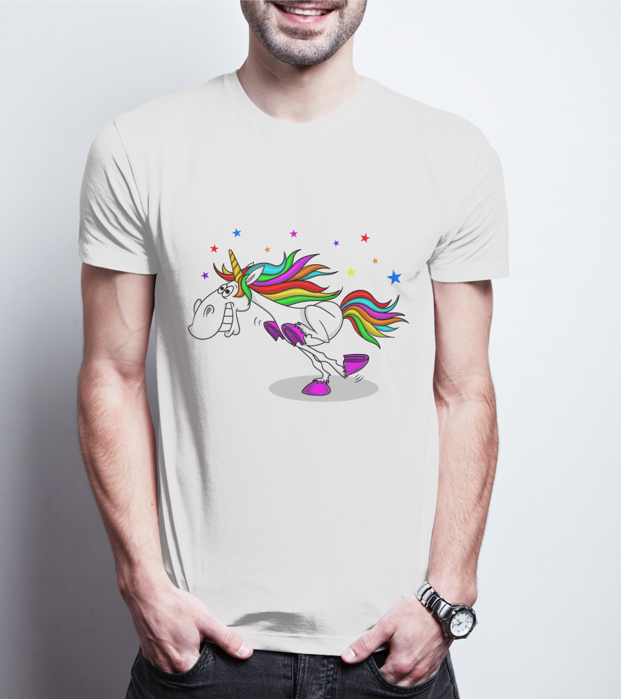 Awesome Unicorn Twinkles Rainbow Kicking Fun Stars Vibrant Mane T-Shirt