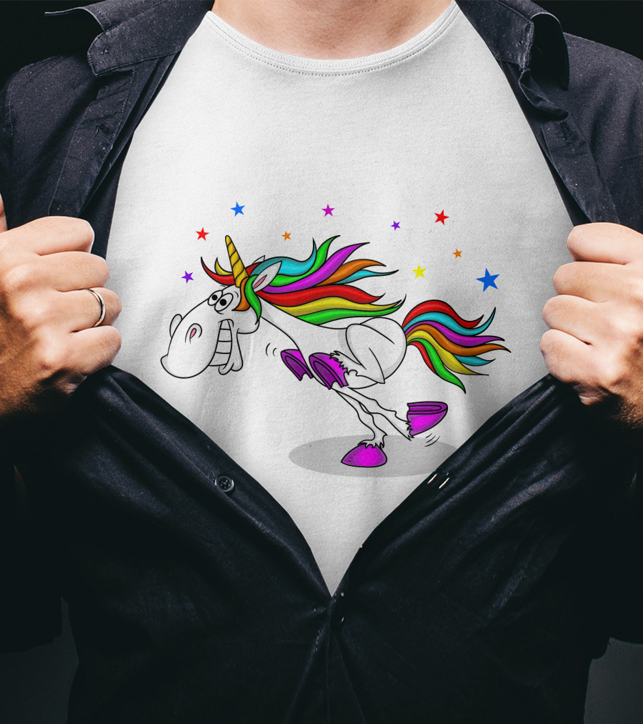 Awesome Unicorn Twinkles Rainbow Kicking Fun Stars Vibrant Mane T-Shirt